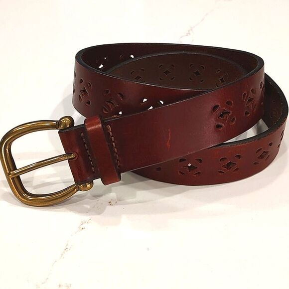 Express Perforated Brown Italian Leather Belt Solid Brass Buckle - Picture 10 of 10